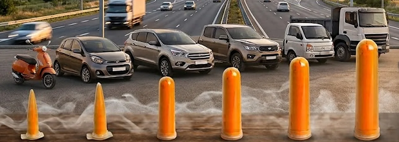 שש מבחנות ECO FUEL BOOSTER מהקטנה לגדולה, ומאחוריהן קטנוע, רכבים ומשאיות